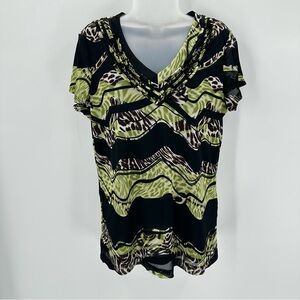 Dana Buchman Top Womens L Black Layered Mesh Short Sleeve Animal Print Career